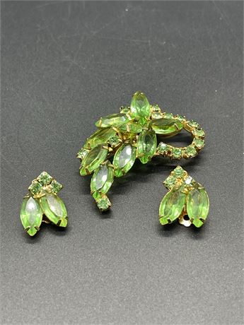 Green Rhinestone Leaf Brooch and Earrings