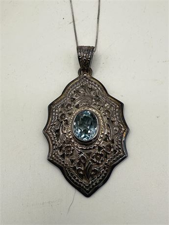 Sterling Silver Filigree Oval Blue Topaz Necklace
