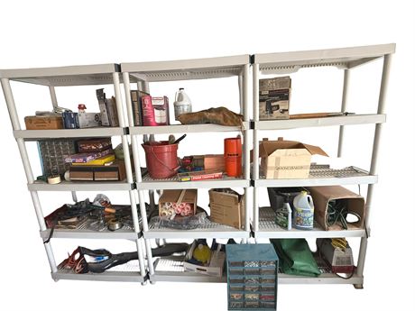 Three (3) Plastic Storage Shelves with Extras