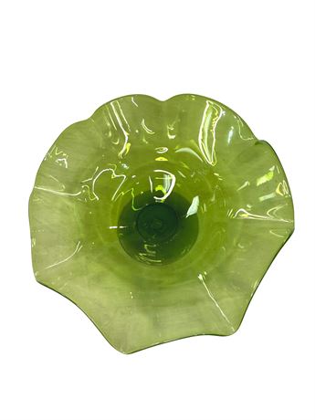 Large Vintage Handblown Green Glass Ruffled Serving Bowl