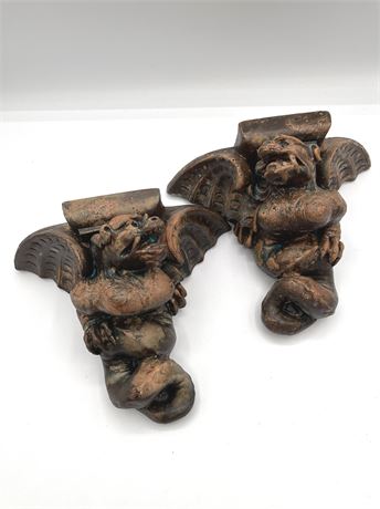 Matching Stone Cast Gargoyle Wall Shelf Statues