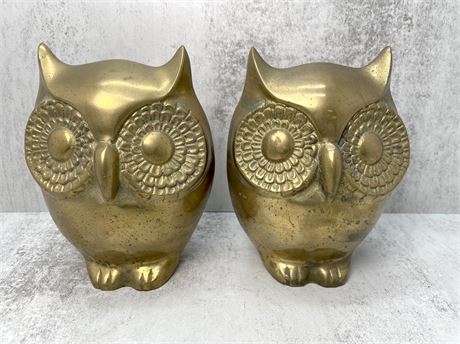 Mid-Century Heavy Brass Owl Bookends