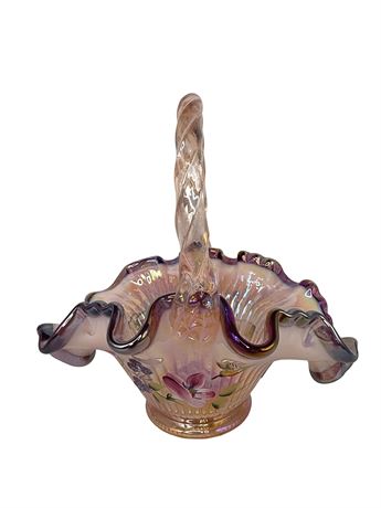 Fenton Iridescent Ribbon Candy Hummingbird Basket