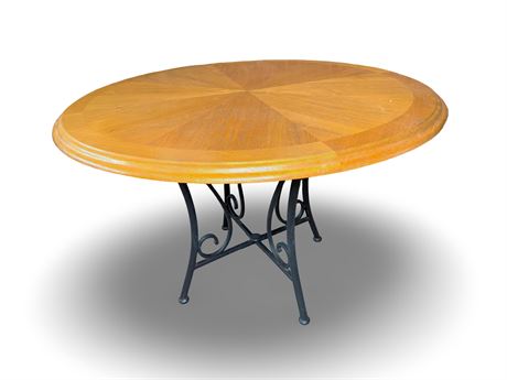 Large Round Wood Table with Wrought Iron Base