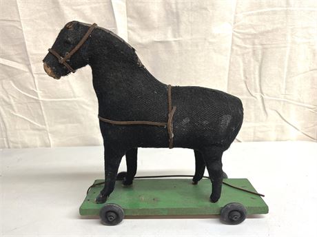 Antique Black Felt Draft Horse on Platform