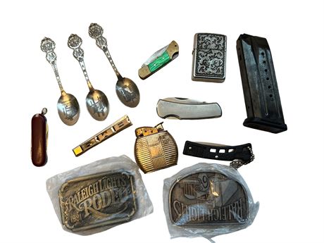 Junk Drawer Lot — Ruger Clip, Lighter, Brass Belt Buckles, Spoons & More