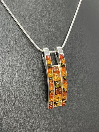 Sterling Silver Amber Pendant and Necklace