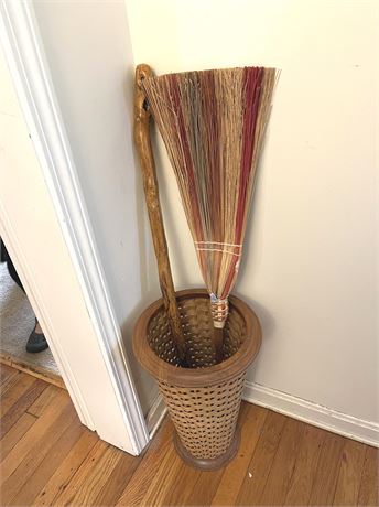 Wood and Cane Umbrella Basket Stand