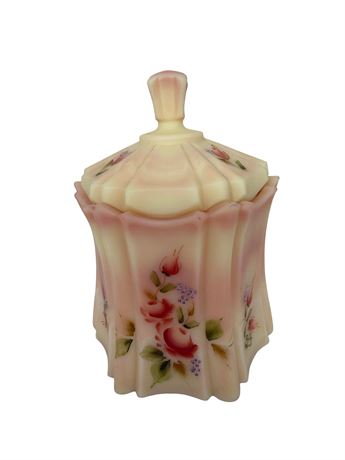 Fenton Burmese Hand Painted Roses Lidded Candy Jar