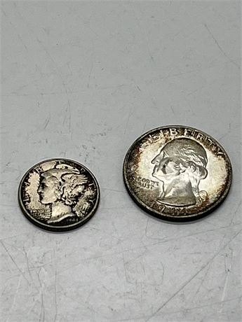 1944 Silver Washington Quarter and Mercury Dime