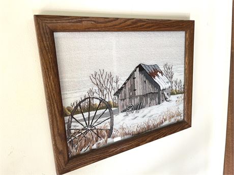 Handmade Punch Needle Snowy Country Barn