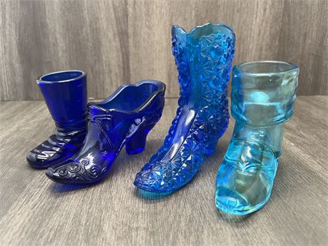 Four (4) Blue Glass Shoes