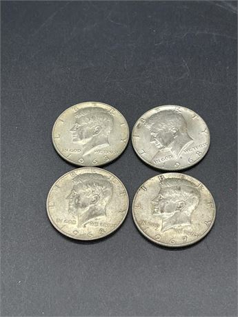 Three (3) 1968 and One (1) 1967 Silver Kennedy Half Dollars