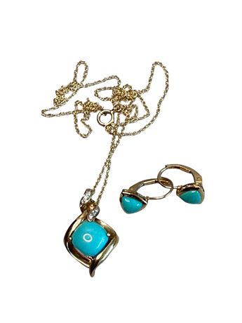 14k Yellow Gold Mexico Turquoise Necklace and Earrings