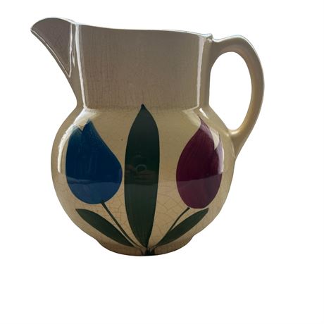 Watt Pottery Water Pitcher with Tulips — Heavy Crazing