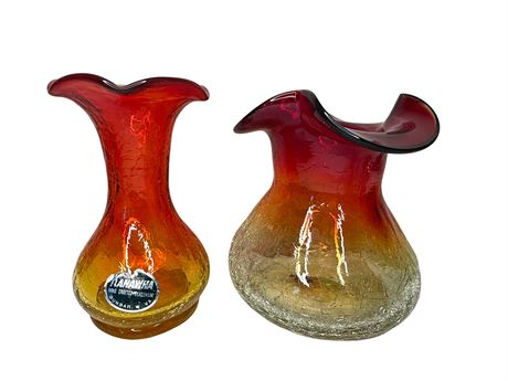 Amberina Crackle Handblown Glass Vases