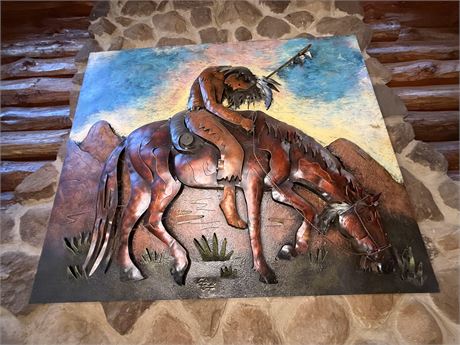 Large 48" x 39" End of the Trail Sculpted Metal Wall Art Signed