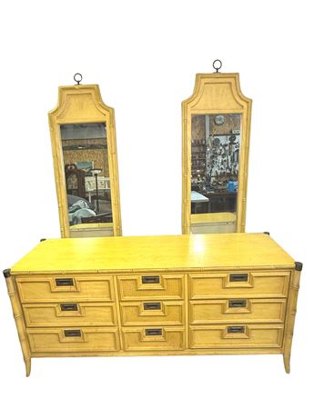 Holllywood Regency Faux Bamboo Stanley 9-Drawer Dresser w/ Two Mirrors