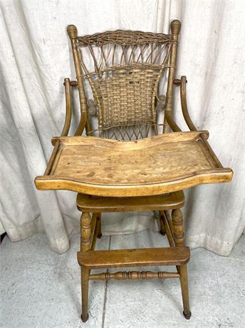 Antique Victorian Oak Wicker Childrens High Chair