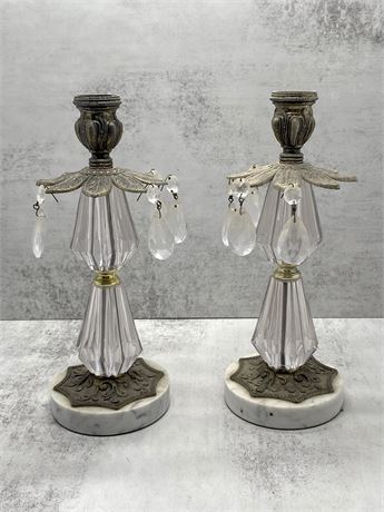 Brass, Marble and Crystal Candle Holders