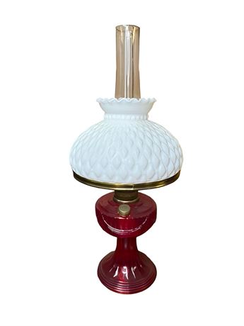 Aladdin Cranberry Glass with White Ruffled Shade Oil Lamp