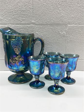 Blue Carnival Glass Pitcher & Goblets