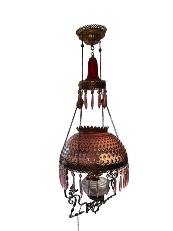 Victorian Era Cranberry Hobnail Glass Hanging Library Lamp