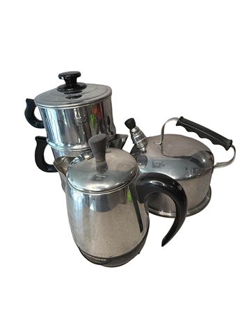 Vintage Stainless Steel Tea Kettles and Percolator