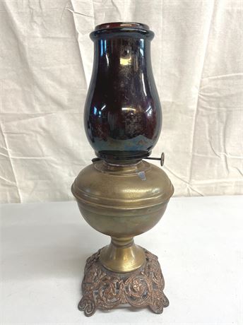 Antique Brass Eagle Oil Lamp w/ Red Chimney