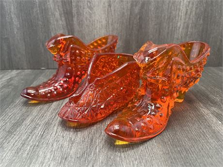 Three (3) Fenton Organge Glass Shoes