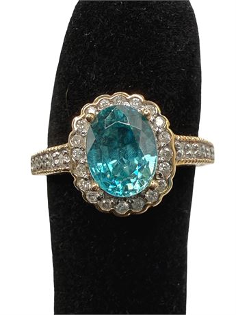 14k Yellow Gold Blue Zircon Diamond Ring