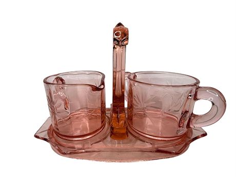 Pink Depression Glass Creamer and Sugar with Caddy