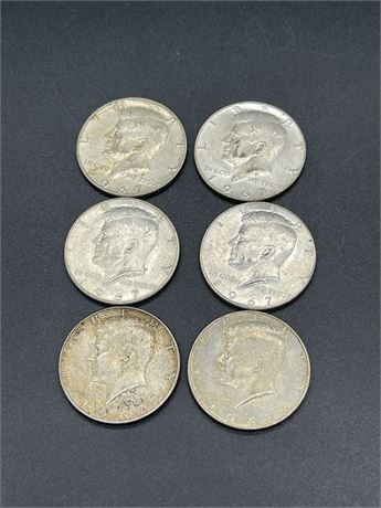 Six (6) 1967 Silver Kennedy Half Dollars