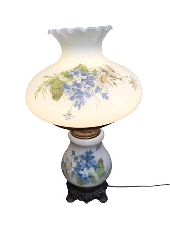Hand Painted Milk Glass Hurrican Parlor Lamp