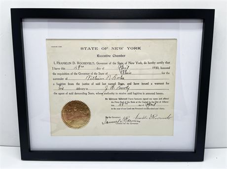 Franklin D. Roosevelt Signed Fugitive Certificate