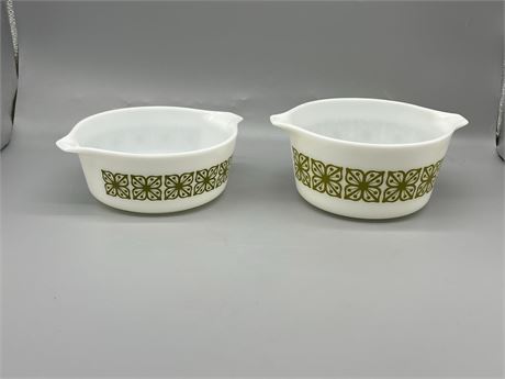 Two (2) Pyrex Verde Square Flower Casserole