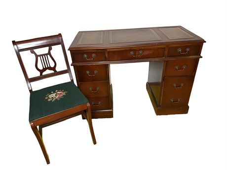 Mahogany Leather Top Pedestal Desk w/ Needlepoint Chair