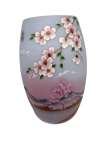 Fenton Blue Burmese Signed Hand Painted Vase with Cherry Blossoms