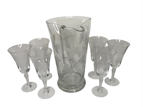 Floral Etched Pitcher and Glasses