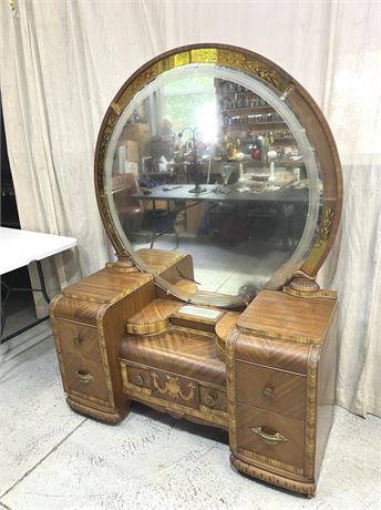 1930s Art Deco Waterfall Vanity w/ Large Round Mirror