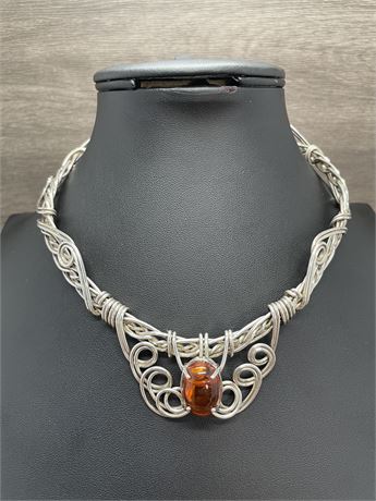 Sterling Silver and Amber Choker Necklace