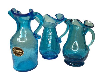 Blue Crackle Handblown Glass Pitchers