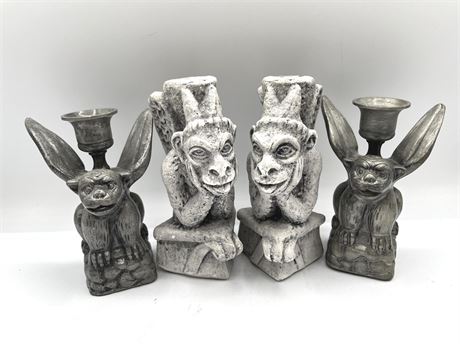 Cast Stone and Metal Gargoyle Candle Holders