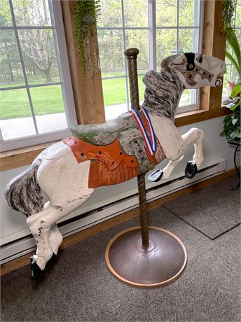 Vintage REAL Carved Wood Painted Carousel Horse on Metal Stand