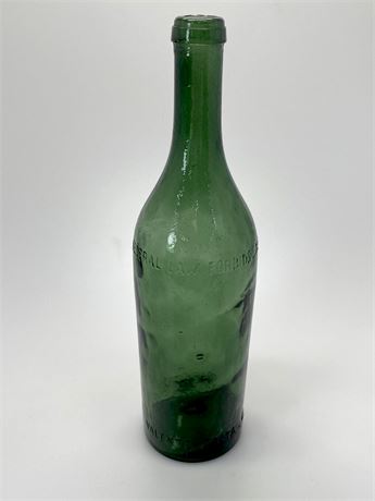Antique Green Glass Embossed Wine Bottle