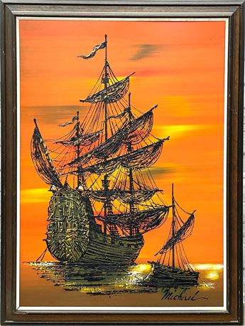 1970s Clipper Ship Oil on Board Painting