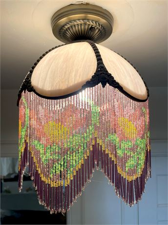 9" Meyda Tiffany Pink Glass Ceiling Shade w/ Glass Bead Fringe