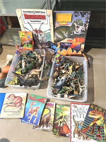 Large Lot of Dinosaur Figures and Books