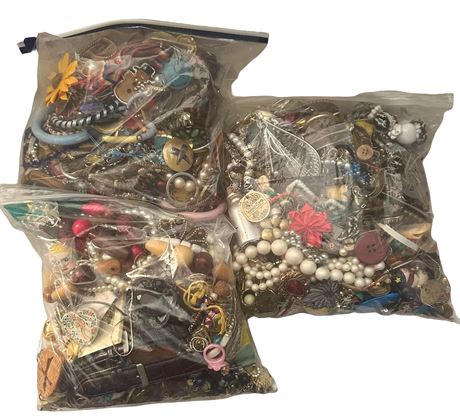 13+ Pounds of Jewelry, Watches and Misc pieces & parts in 3 gallon bags