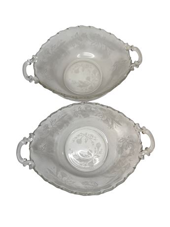 Fostoria Heather Pattern Etched Handled Oval Bowls
